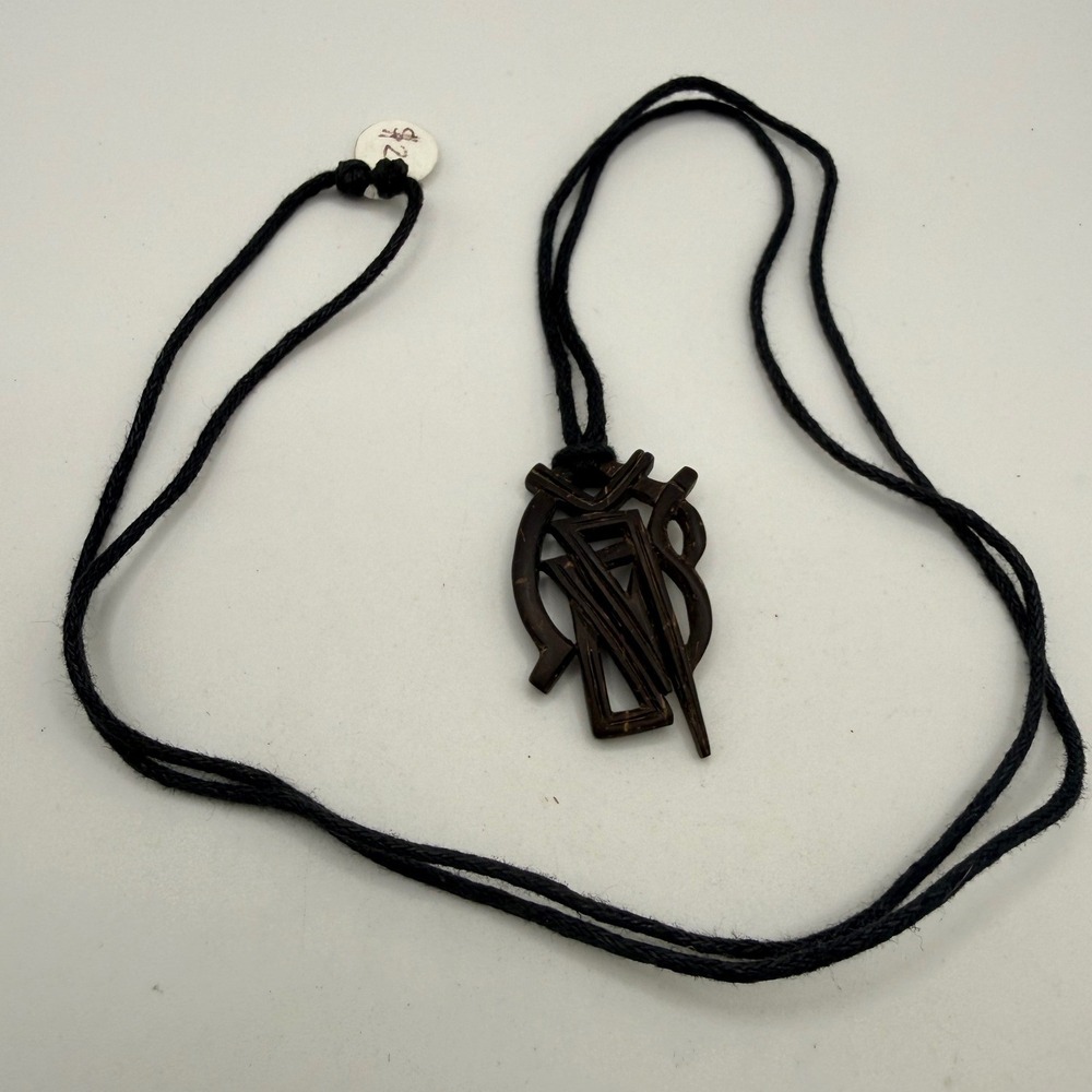 Handmade Coconut Shell Abstract Geometric Pendant Necklace Adjustable Black Cord